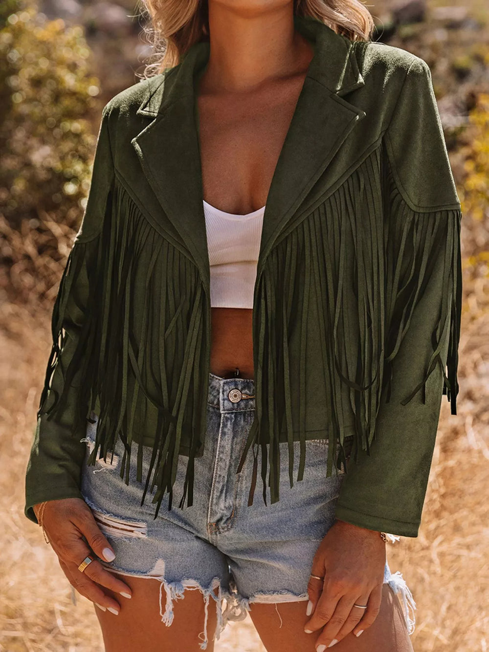 Cropped Fringe Faux Suede Jacket - Trendsi - Flyclothing LLC