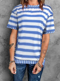 Full Size Contrast Stitching Striped Round Neck T-Shirt - Trendsi - Flyclothing LLC