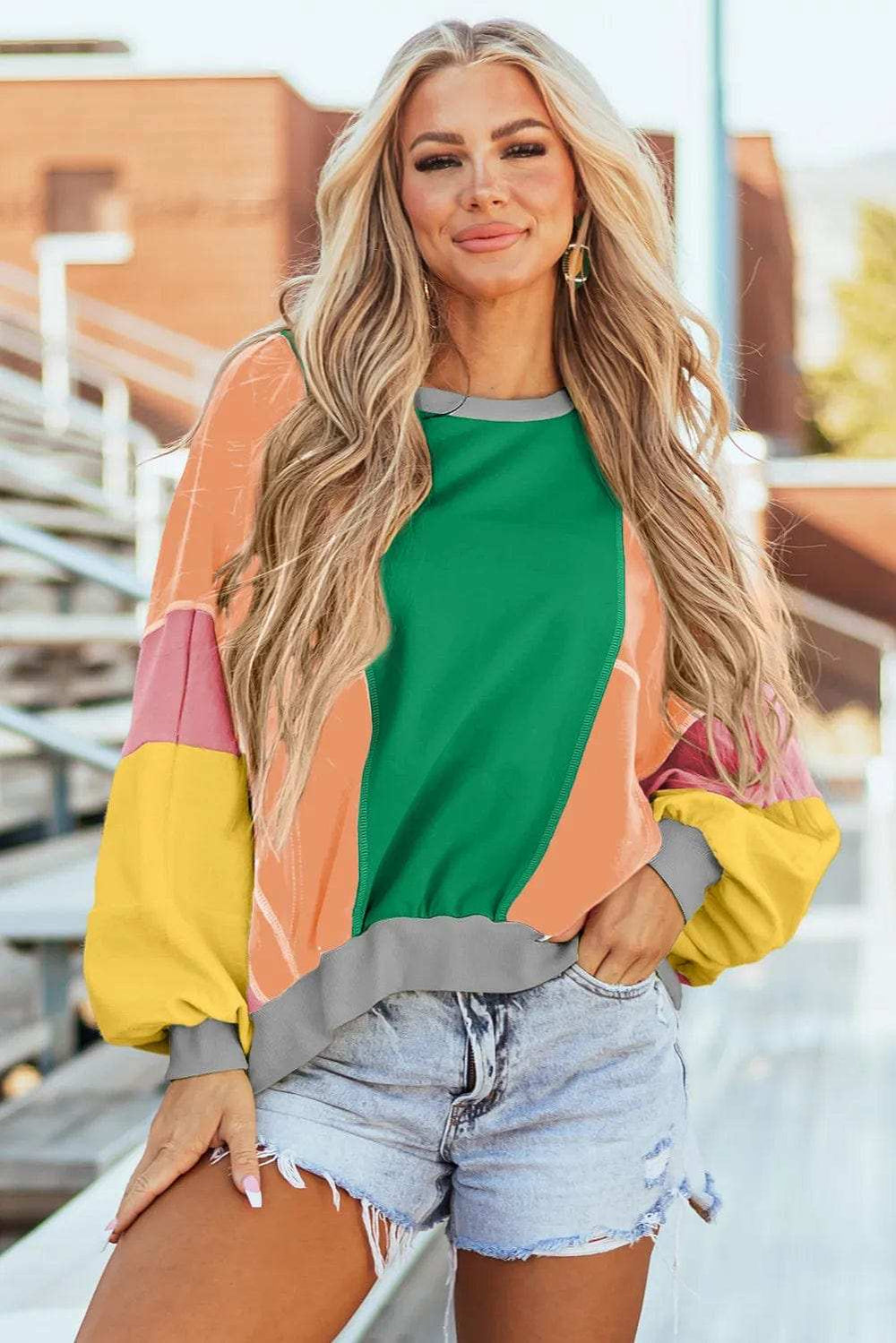 Color Block Round Neck Long Sleeve Top - Trendsi - Flyclothing LLC