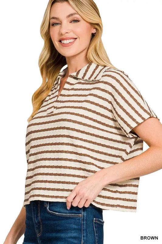 Zenana Striped Split Neck Collared Top - Trendsi - Flyclothing LLC