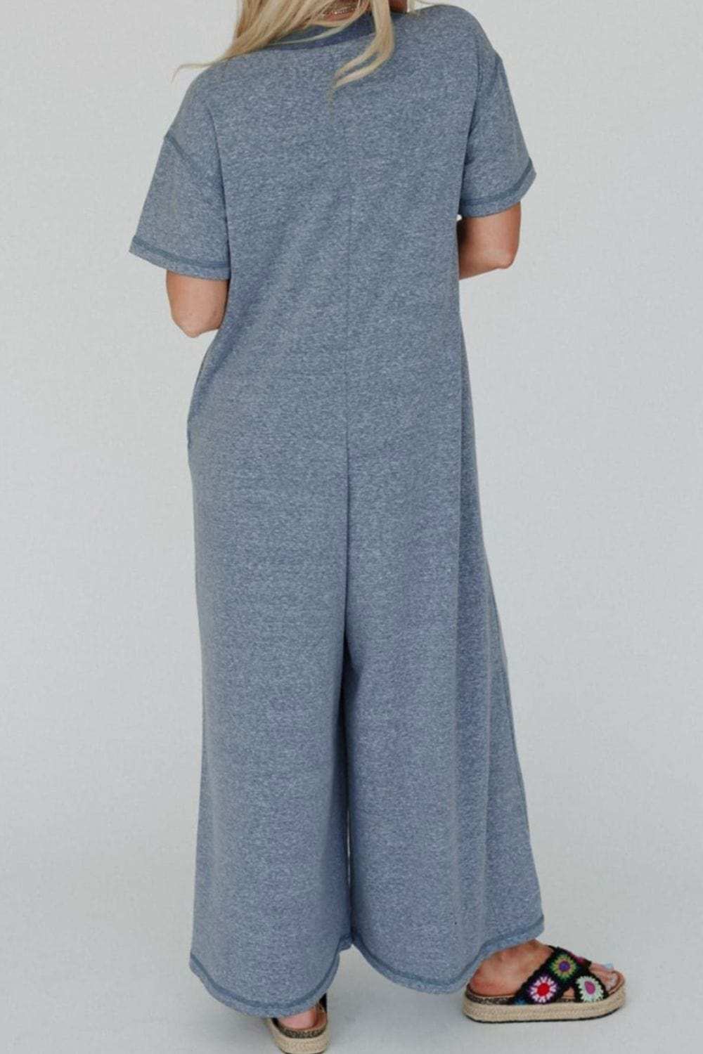 Placket Chest Pockets Short Sleeve Wide Leg Jumpsuit - Trendsi - Flyclothing LLC