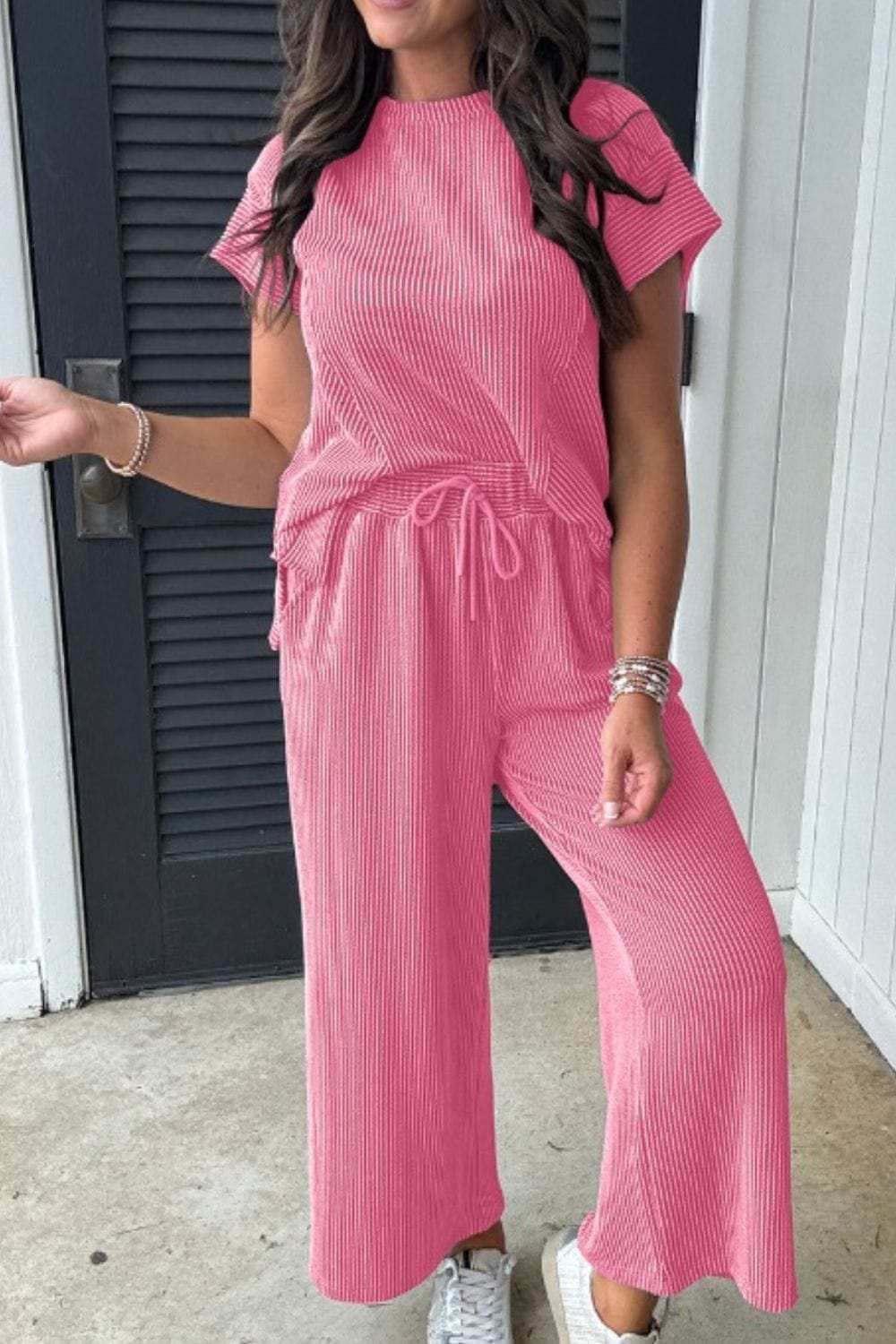 Corded Knit Short Sleeve T-Shirt and Wide Leg Pants Set - Trendsi - Flyclothing LLC
