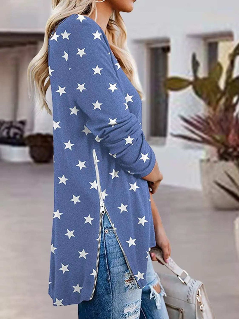 Full Size Side Zip Printed V-Neck Long Sleeve T-Shirt - Trendsi - Flyclothing LLC