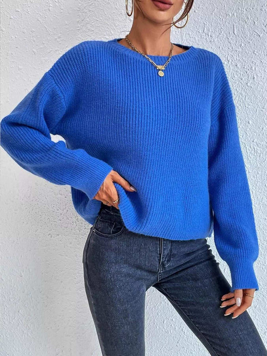 Ribbed Knit Dropped Shoulder Sweater - Trendsi - Flyclothing LLC