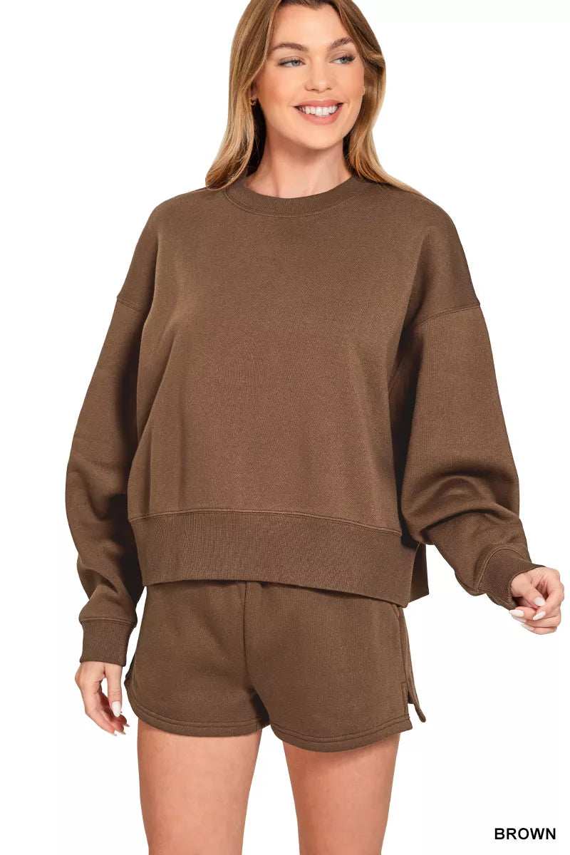Zenana Fleece Round Neck Sweatshirt and Shorts Set - Trendsi - Flyclothing LLC