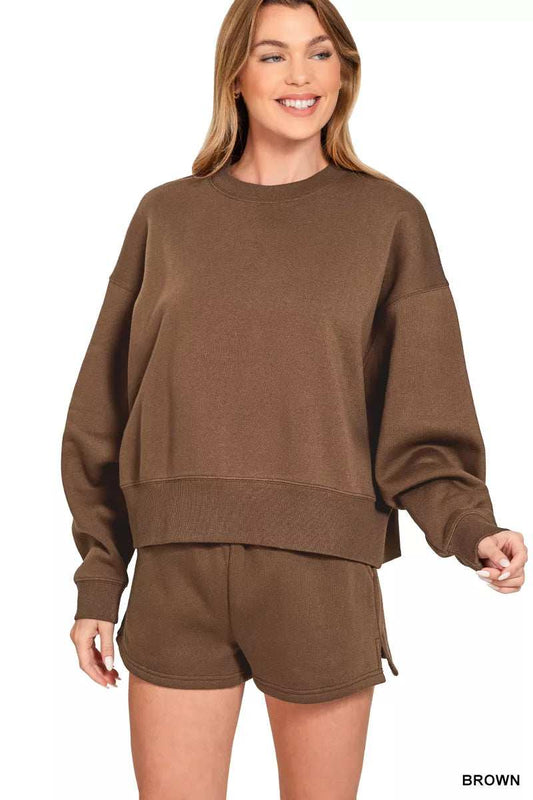 Zenana Fleece Round Neck Sweatshirt and Shorts Set - Trendsi - Flyclothing LLC