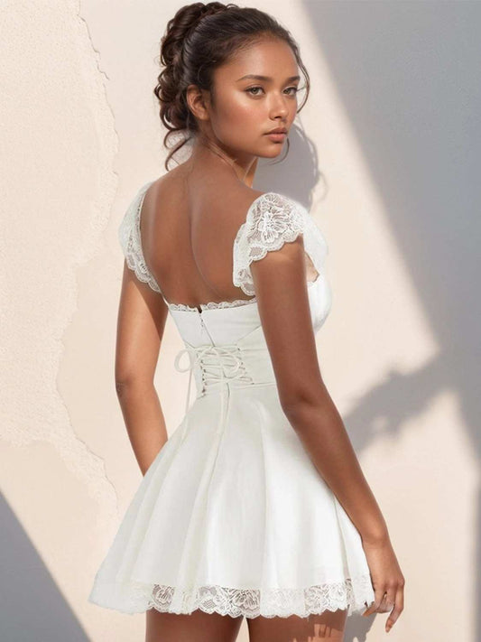 Lace Detail Square Neck Cap Sleeve Mini Dress - Trendsi - Flyclothing LLC