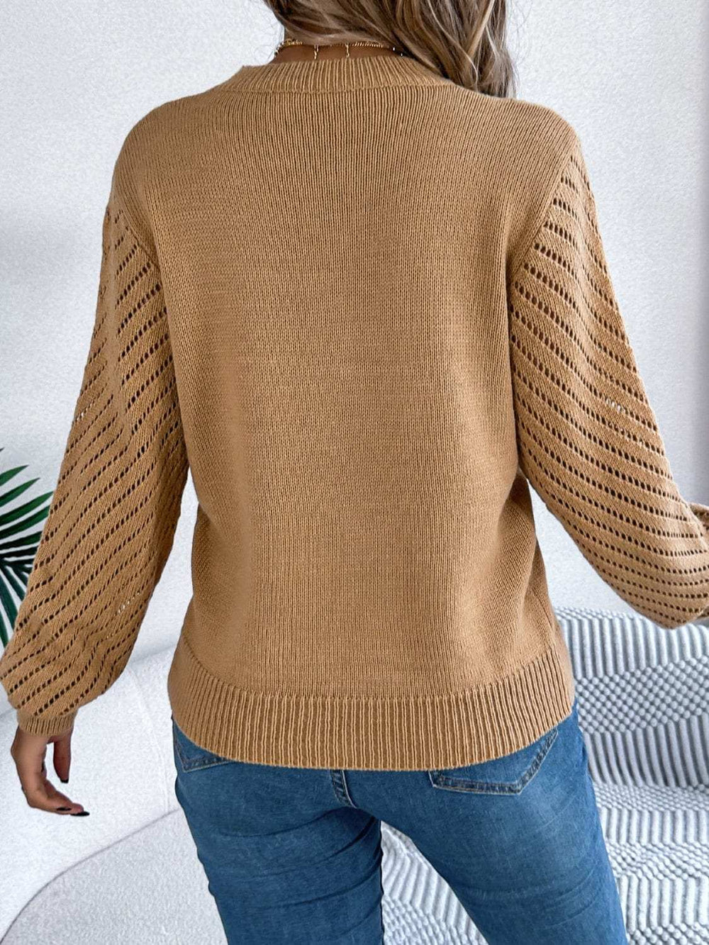 Openwork Round Neck Long Sleeve Knit Top - Trendsi - Flyclothing LLC