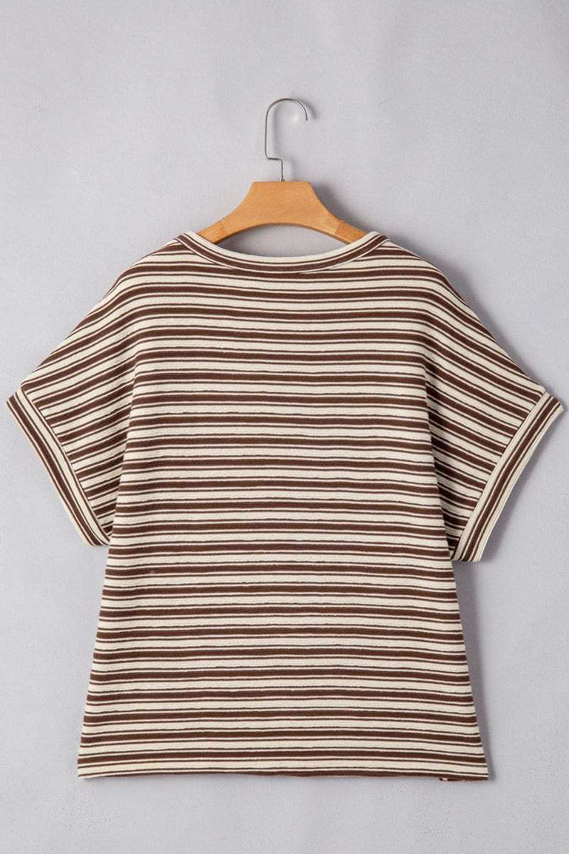 Stripe Textured Side Slit Crew Neck T-Shirt - Trendsi - Flyclothing LLC
