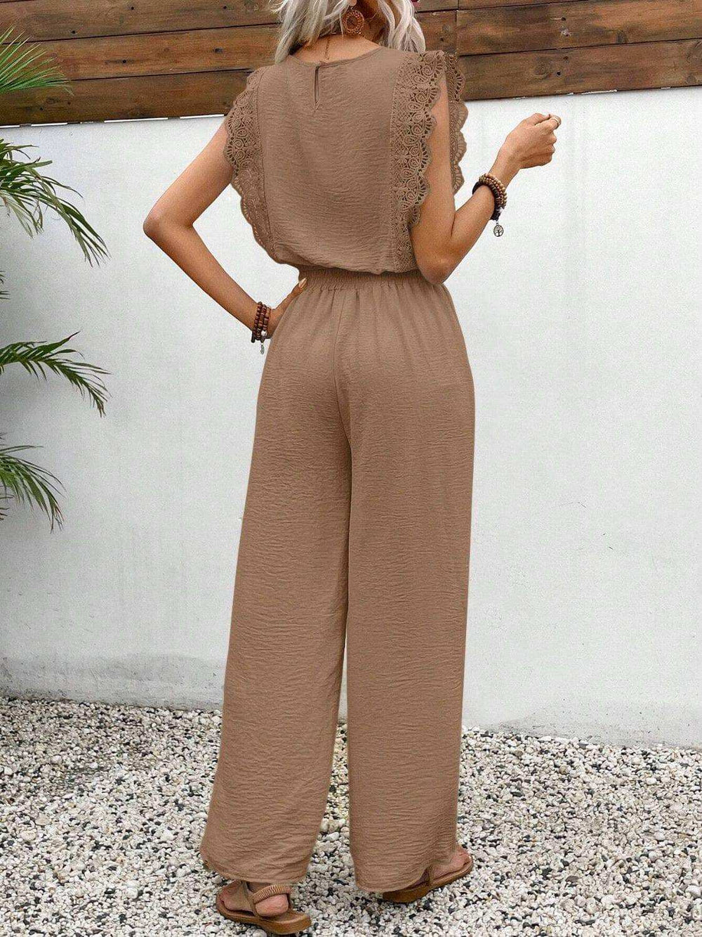 Lace Trim Round Neck Top and Pants Set - Trendsi - Flyclothing LLC