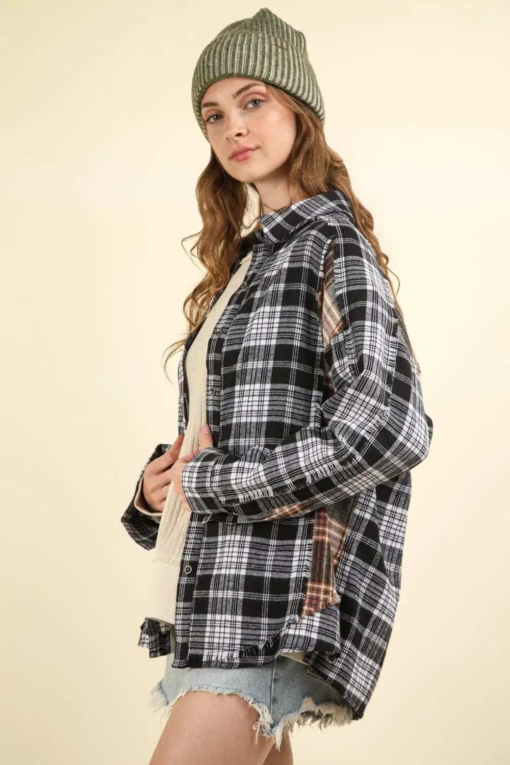 VERY J Contrast Plaid Raw Detail Shirt - Trendsi - Flyclothing LLC