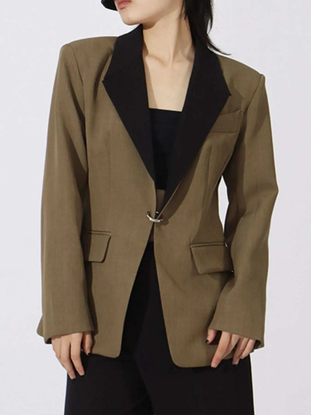 Contrast Lapel Collar Long Sleeve Blazer - Trendsi - Flyclothing LLC