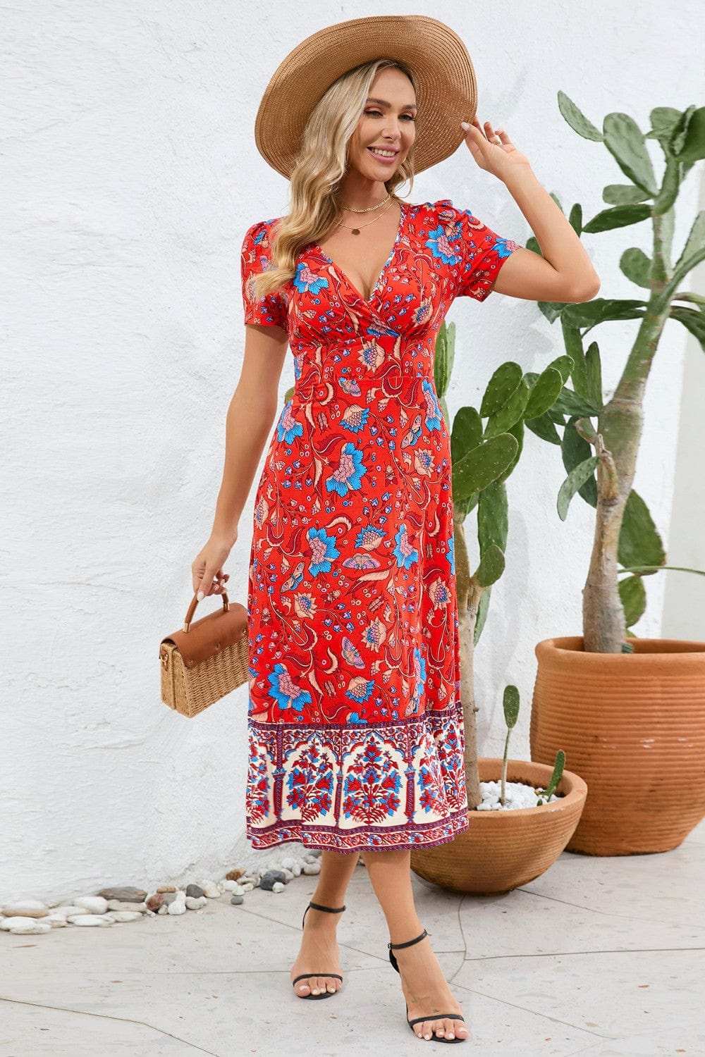 Printed Surplice Short Sleeve Dress - Trendsi - Flyclothing LLC