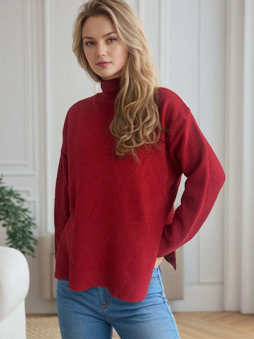 Side Slit Turtleneck Long Sleeve Sweater - Trendsi - Flyclothing LLC