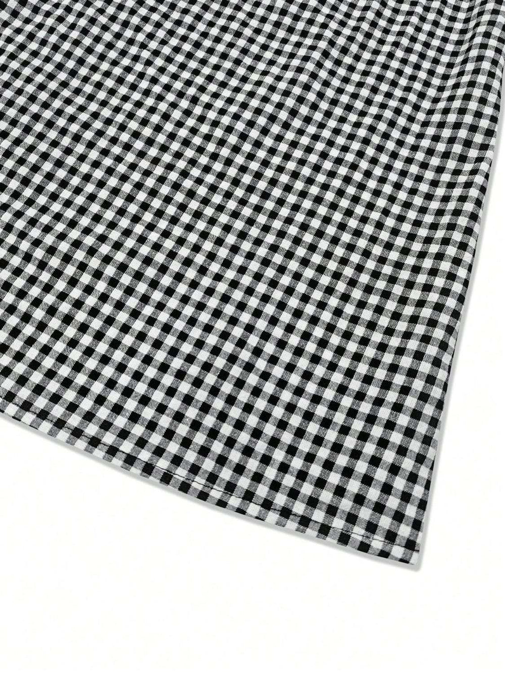 Smocked Plaid Round Neck Layered Short Sleeve Blouse - Trendsi - Flyclothing LLC