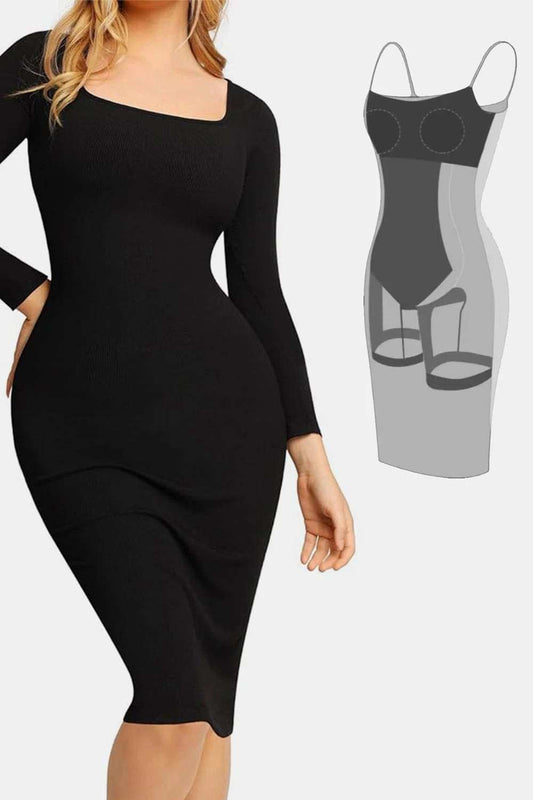 Basic Bae Full Size Built-In Shapewear Square Neck Long Sleeve Dress - Trendsi - Flyclothing LLC