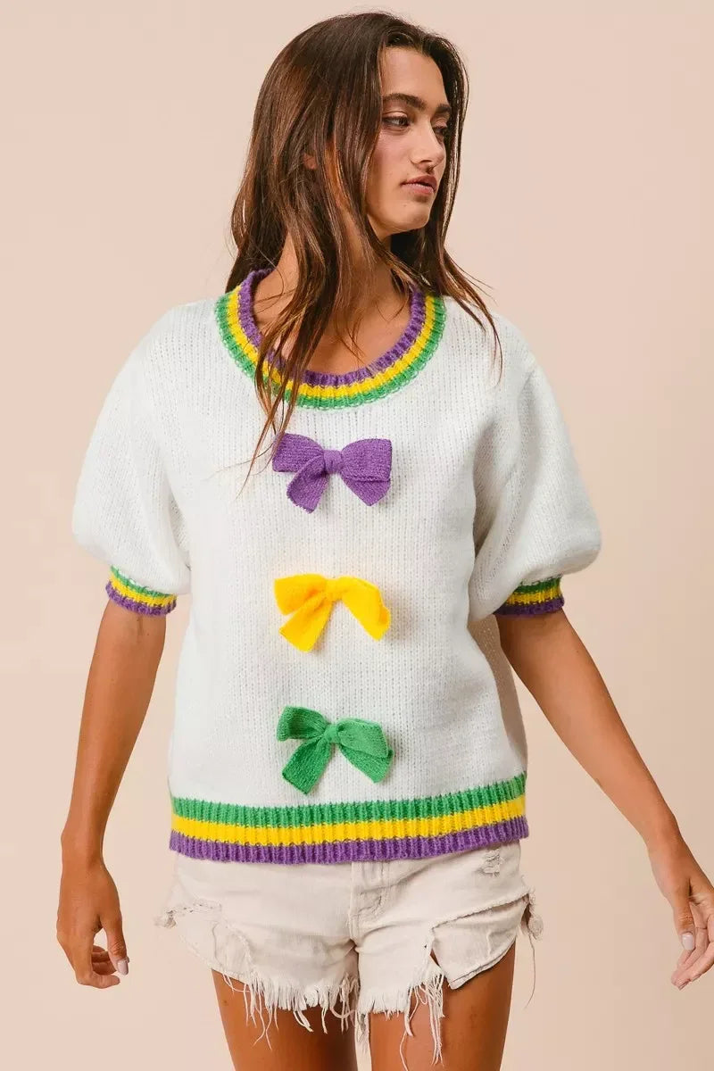 BiBi Short Puff Sleeve Ribbon Bow Mardi Gras Sweater - Trendsi - Flyclothing LLC