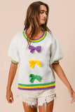 BiBi Short Puff Sleeve Ribbon Bow Mardi Gras Sweater - Trendsi - Flyclothing LLC