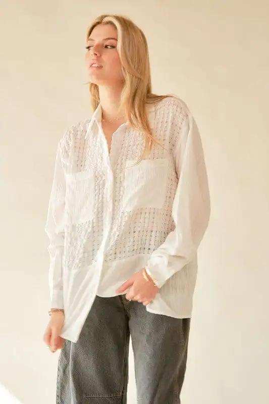 Davi & Dani Crinkled Jacquard Button Down Shirt - Trendsi - Flyclothing LLC