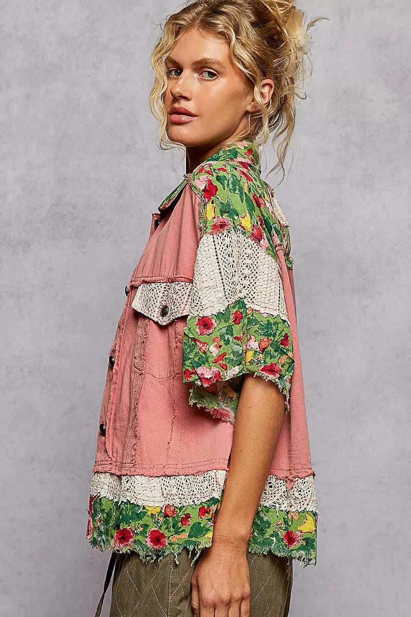 POL Lace Patch Floral Half Sleeve Shacket - Trendsi - Flyclothing LLC