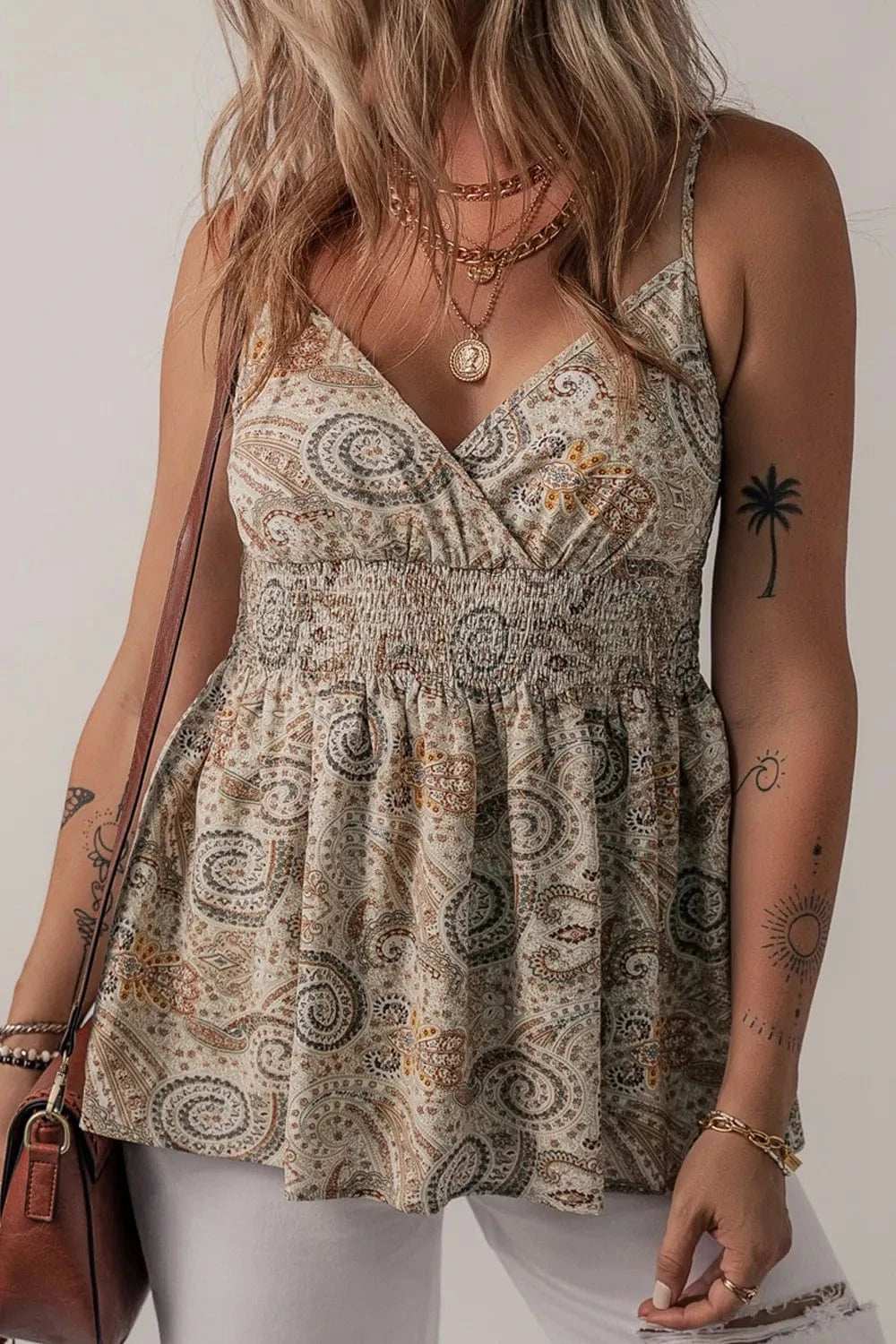Paisley Printed Smocked Babydoll Cami - Trendsi - Flyclothing LLC