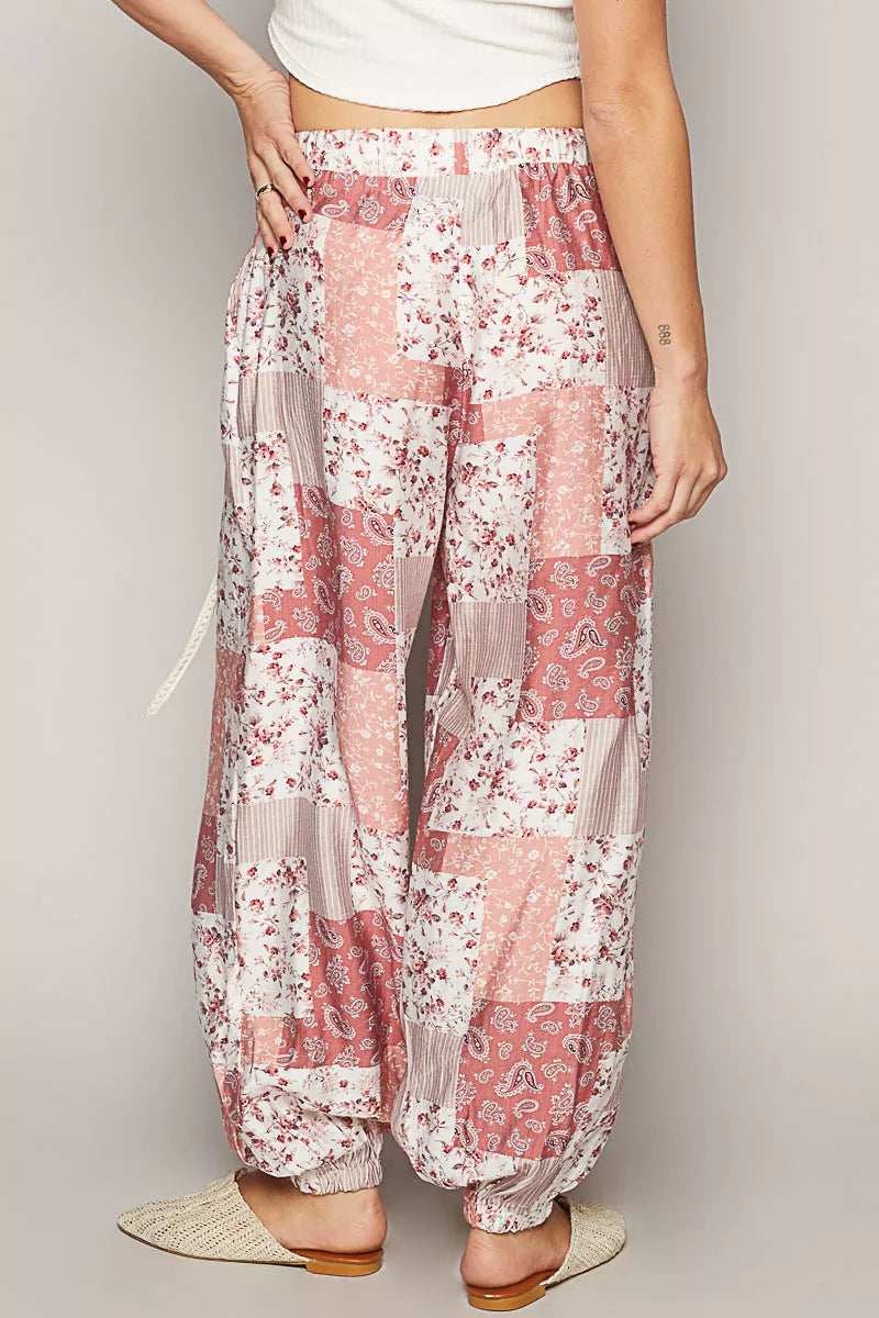 POL Drawstring Floral Patchwork Wide leg Pants - Trendsi - Flyclothing LLC