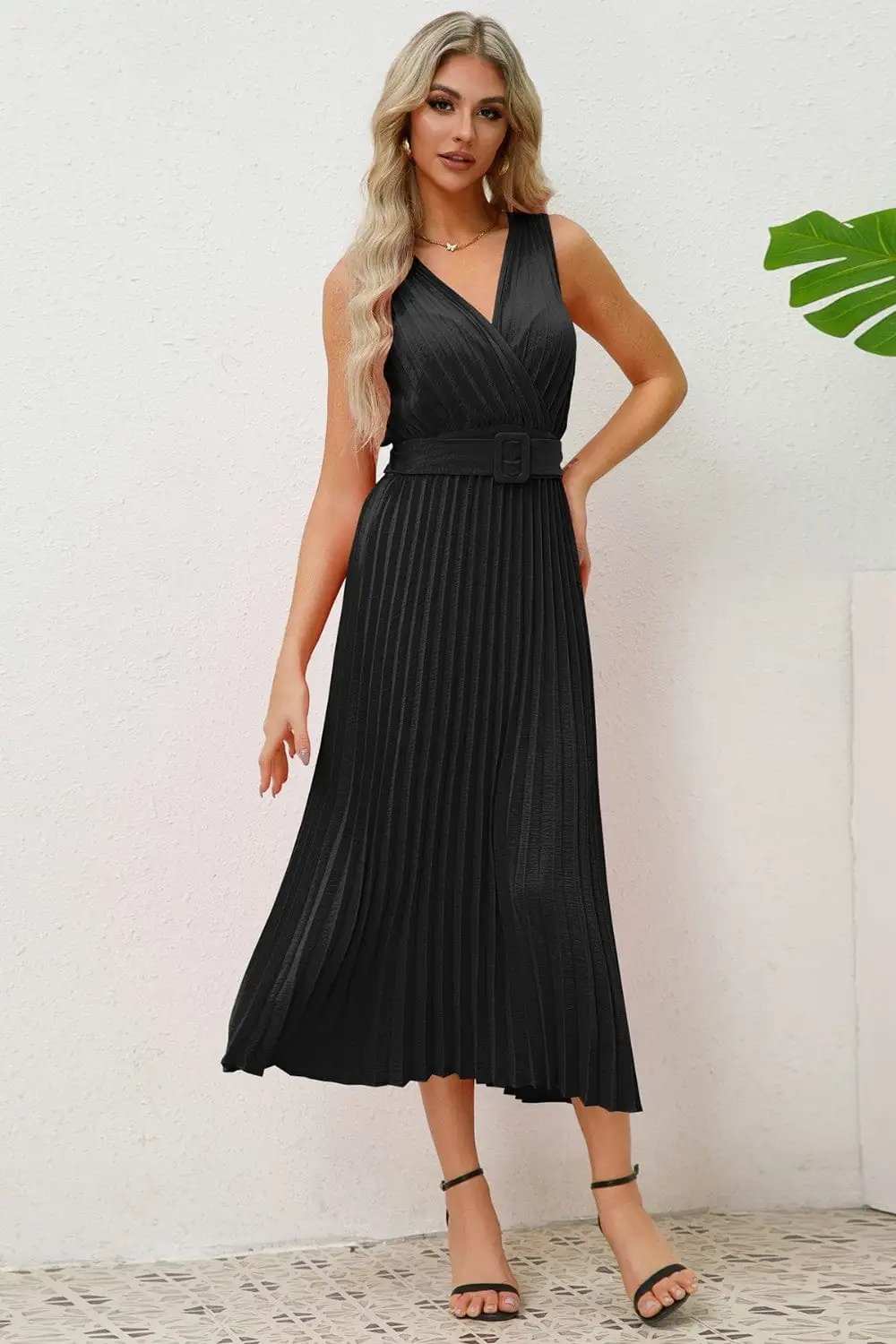 Surplice Sleeveless Midi Pleated Dress - Trendsi - Flyclothing LLC