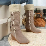 Round Toe Wedge Boots - Trendsi - Flyclothing LLC