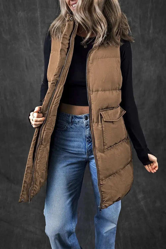 Pocketed Zip Up Vest Coat - Trendsi - Flyclothing LLC