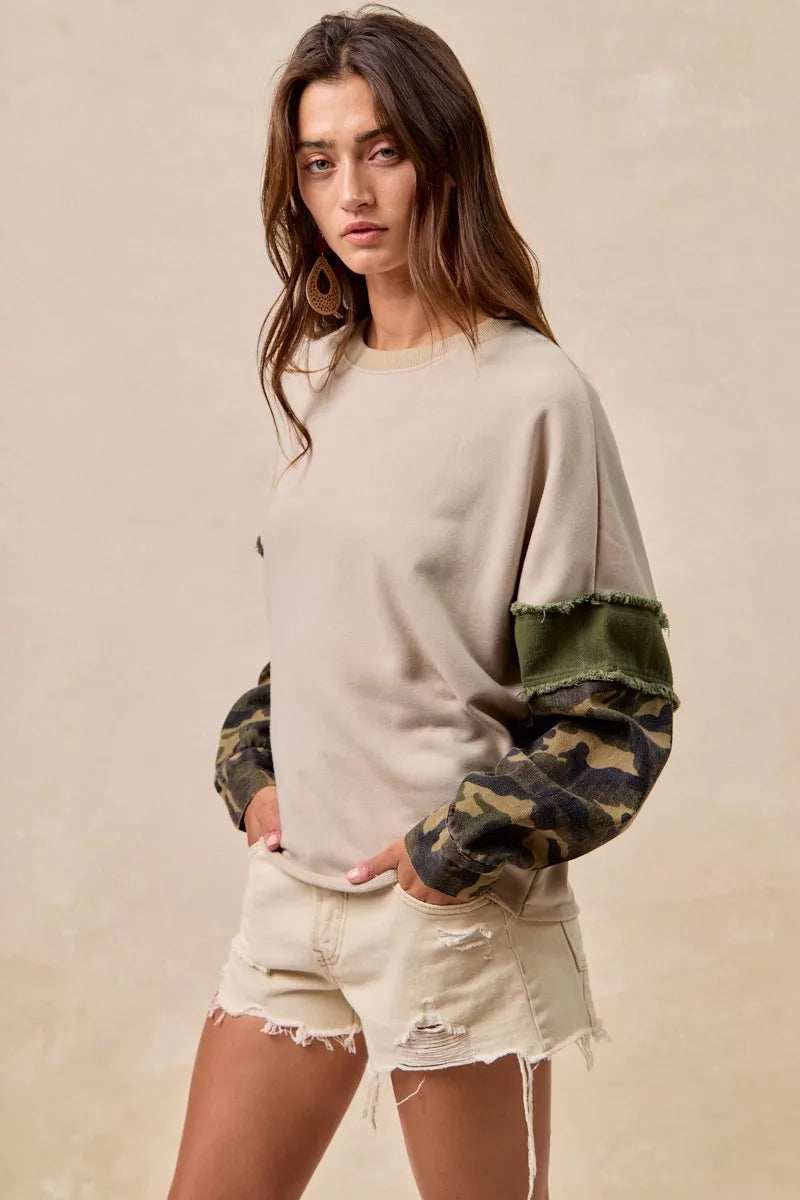 BiBi Camo Sleeve French Terry Top with Frayed Edge - Trendsi - Flyclothing LLC
