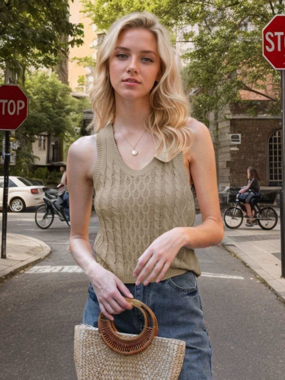 Cable-Knit V-Neck Knit Tank - Trendsi - Flyclothing LLC