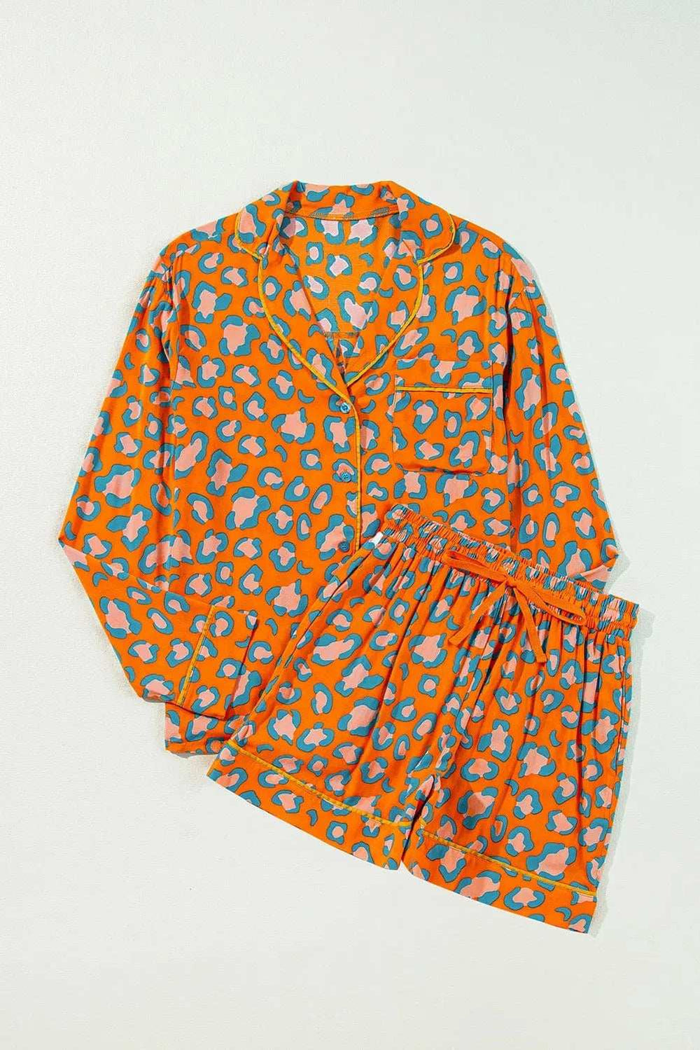 Leopard Collared Neck Long Sleeve Top and Shorts Lounge Set - Trendsi - Flyclothing LLC