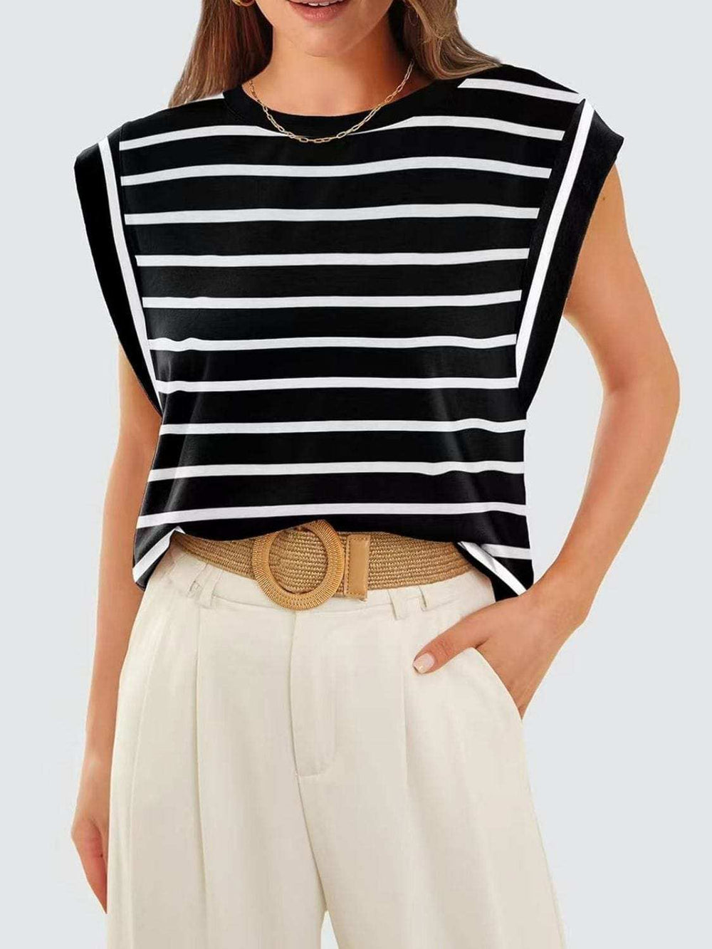 Florira Striped Round Neck Cap Sleeve T-Shirt - Trendsi - Flyclothing LLC