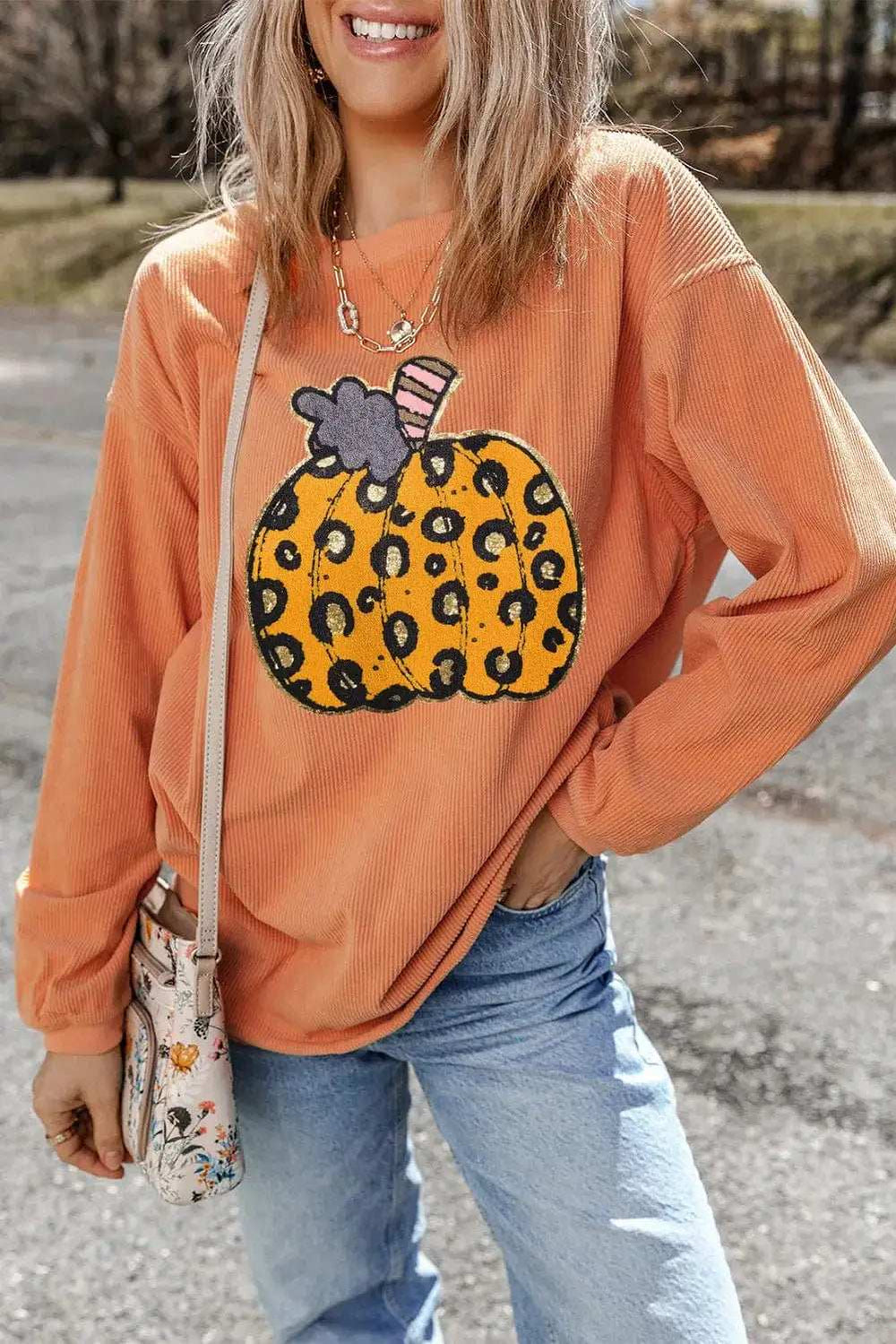 Pumpkin Round Neck Long Sleeve Sweatshirt - Trendsi - Flyclothing LLC