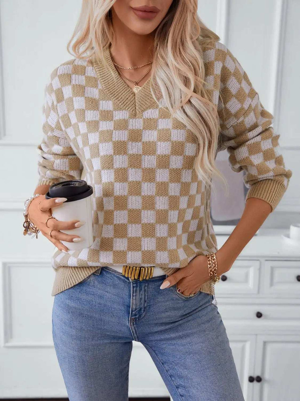 Checkered V-Neck Dropped Shoulder Sweater - Trendsi - Flyclothing LLC