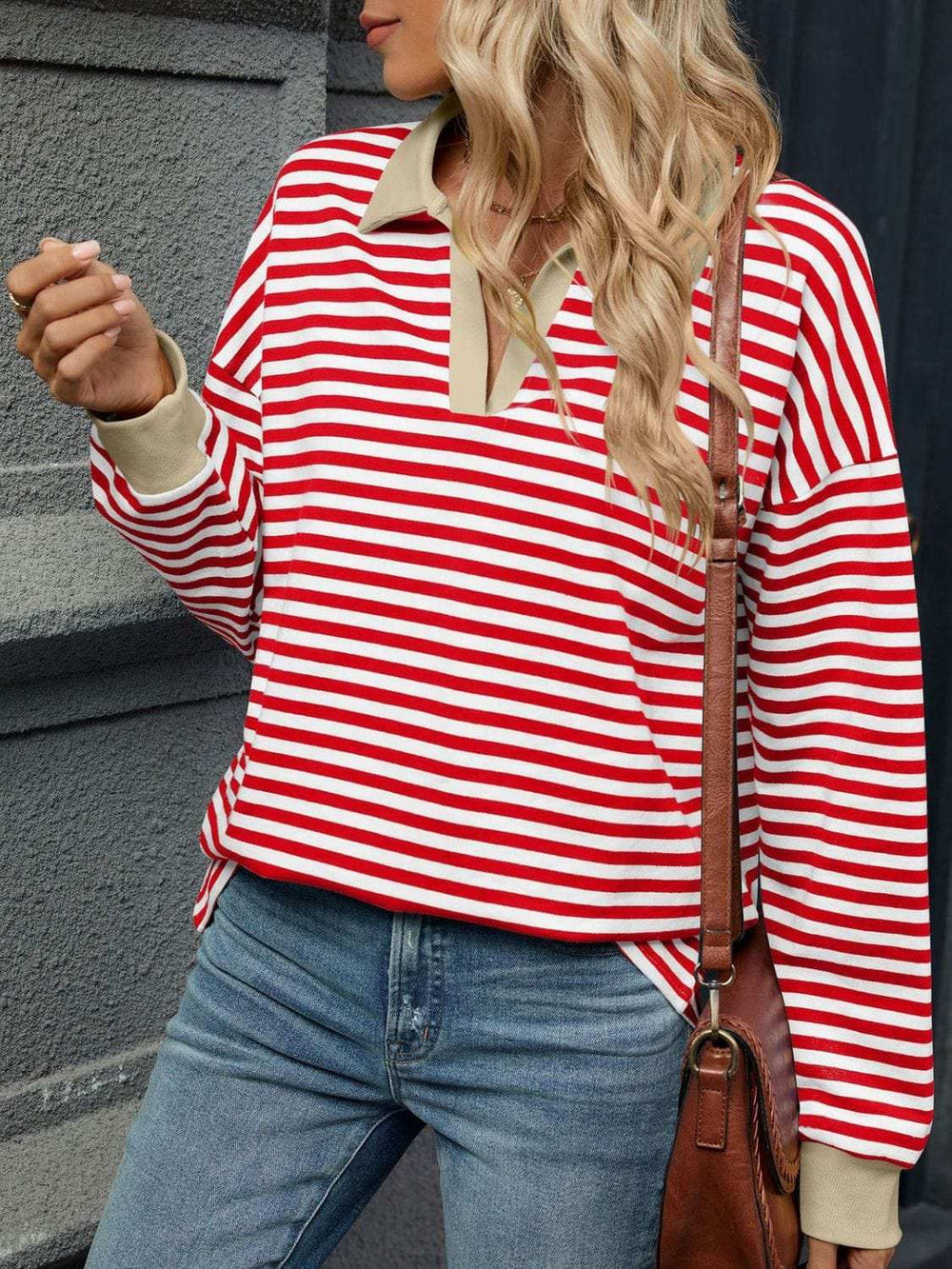 Striped Johnny Collar Long Sleeve Sweatshirt - Trendsi - Flyclothing LLC