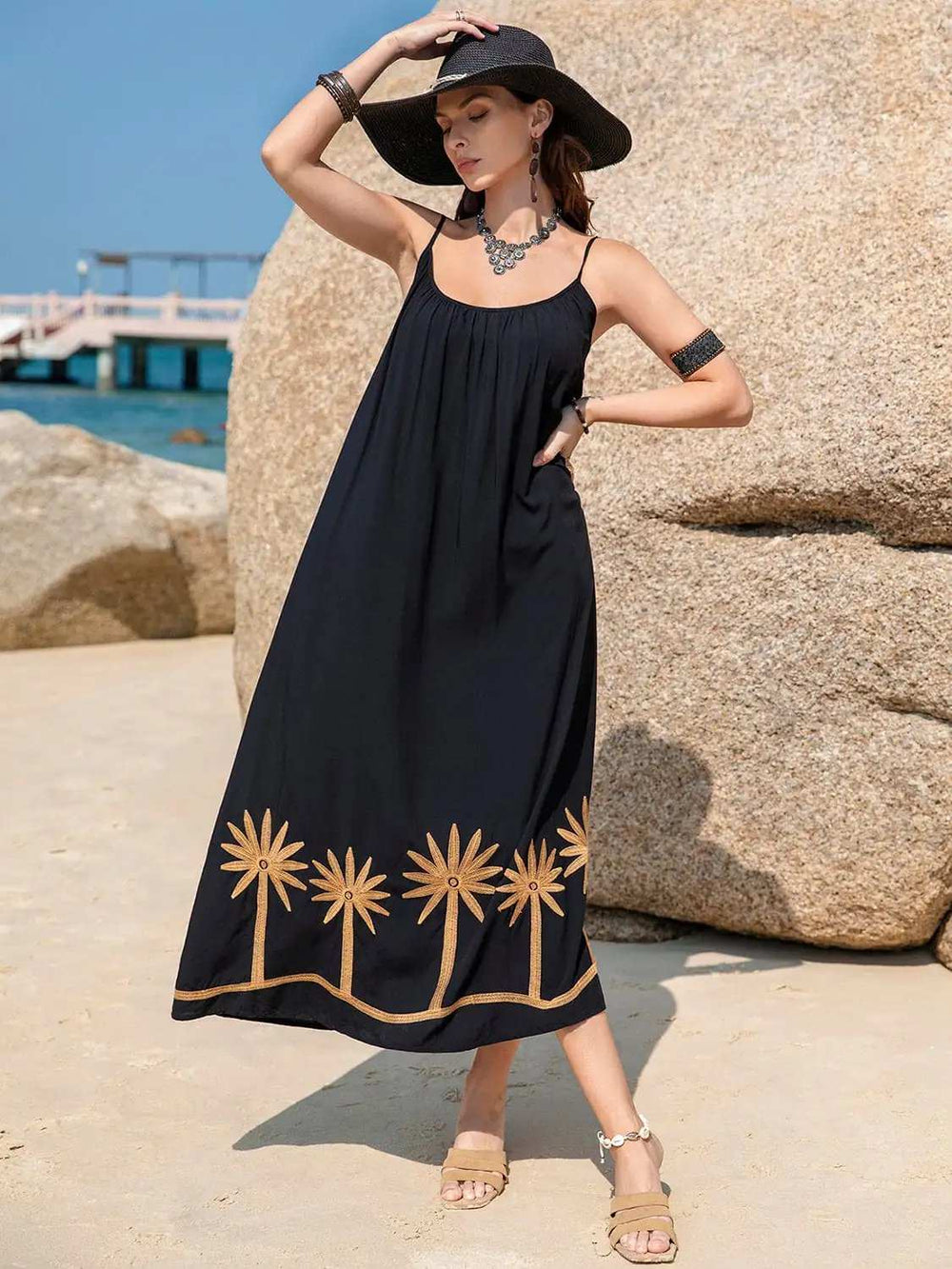 Embroidered Scoop Neck Midi Cami Dress - Trendsi - Flyclothing LLC