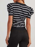 Striped Round Neck Puff Sleeve Knit Top - Trendsi - Flyclothing LLC