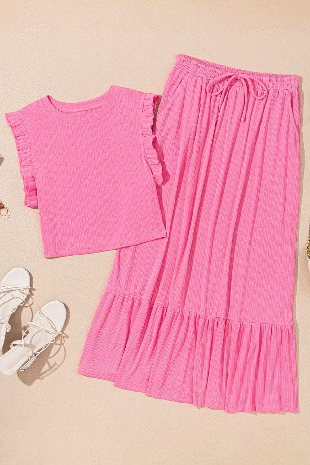 Ruffle Trim Round Neck Top and Drawstring Skirt Set - Trendsi - Flyclothing LLC