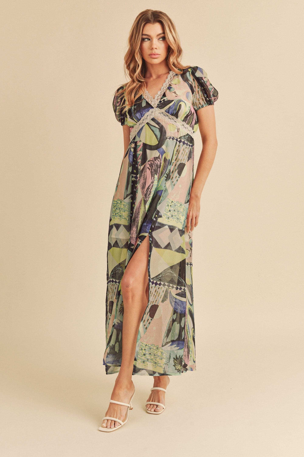 Aemi + Co Lace Detail Slit Geometric Print Short Sleeve Maxi Dress - Trendsi - Flyclothing LLC