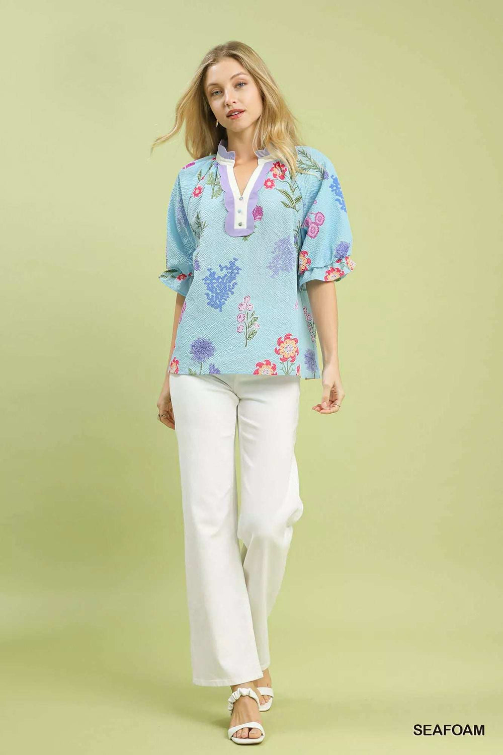 Umgee Floral Puff Sleeve Blouse with Scallop Trim Collar - Trendsi - Flyclothing LLC