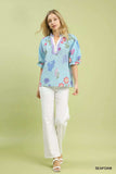 Umgee Floral Puff Sleeve Blouse with Scallop Trim Collar - Trendsi - Flyclothing LLC