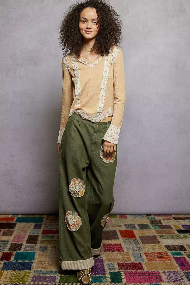 POL Floral Patch V-Neck Long Sleeve Ribbed Top - Trendsi - Flyclothing LLC