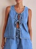 Tie Front Denim Vest - Trendsi - Flyclothing LLC