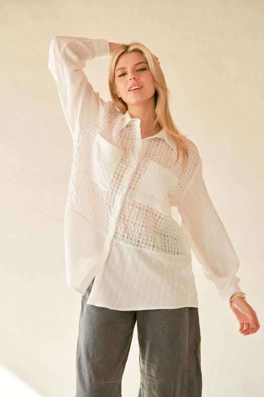 Davi & Dani Crinkled Jacquard Button Down Shirt - Trendsi - Flyclothing LLC