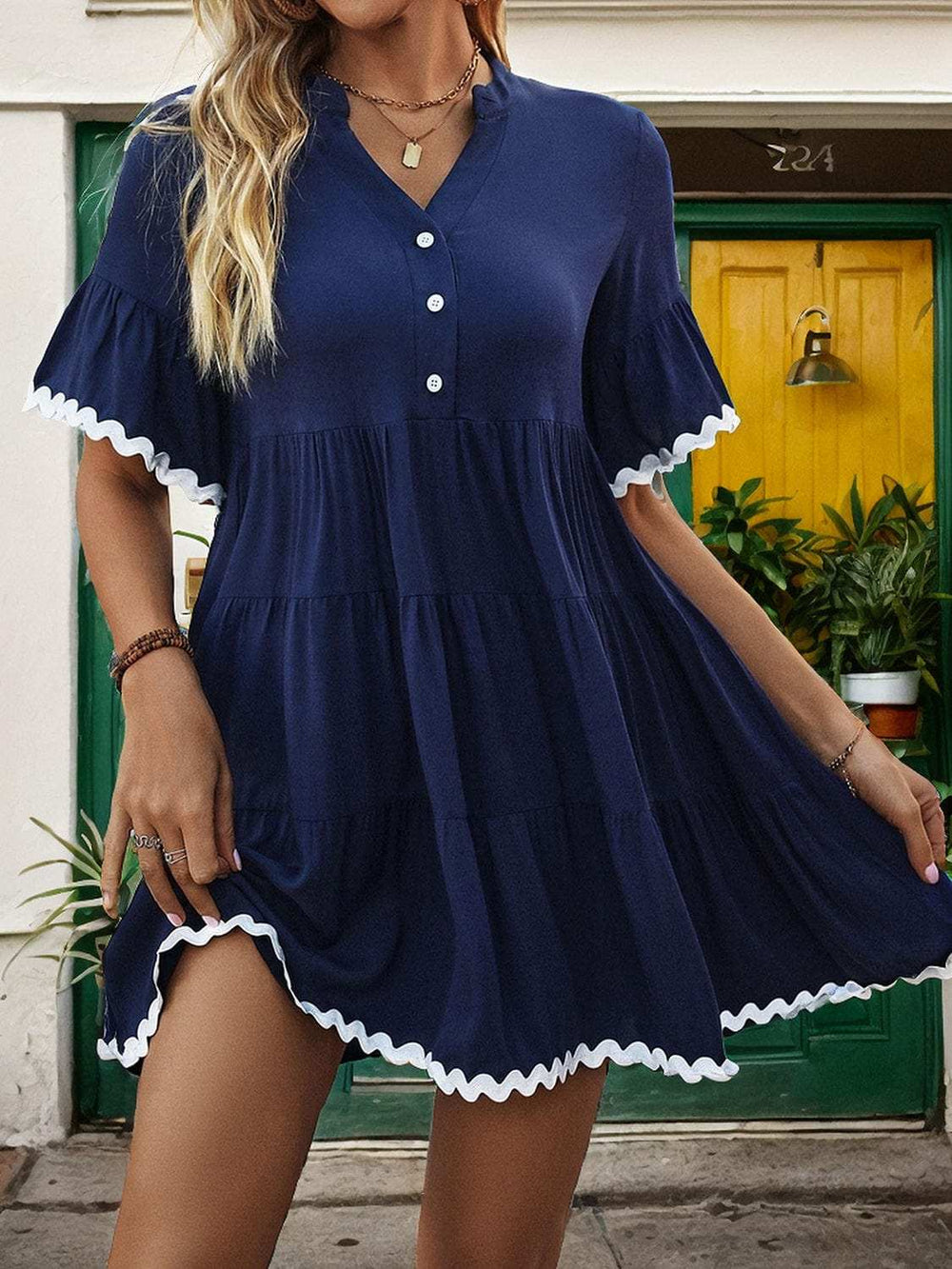 Contrast Trim Notched Short Sleeve Mini Dress - Trendsi - Flyclothing LLC