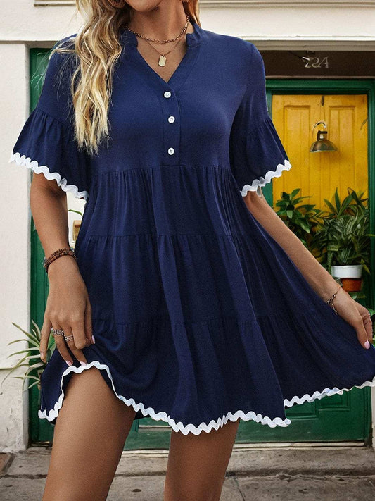Contrast Trim Notched Short Sleeve Mini Dress - Trendsi - Flyclothing LLC