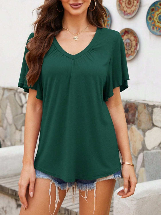 V-Neck Flutter Sleeve T-Shirt - Trendsi - Flyclothing LLC