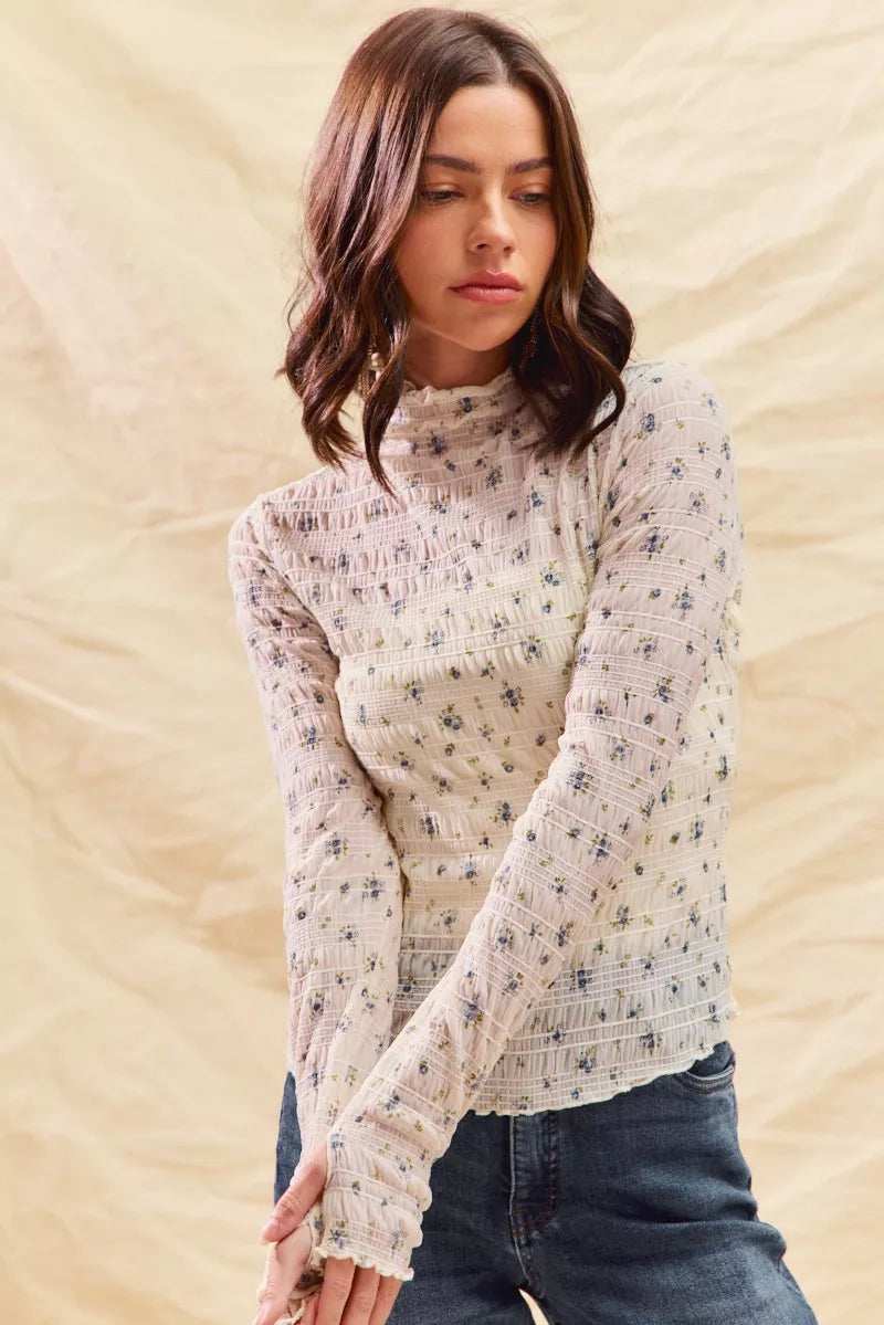 SO ME Floral Print Textured Long Sleeve Knit Top - Trendsi - Flyclothing LLC