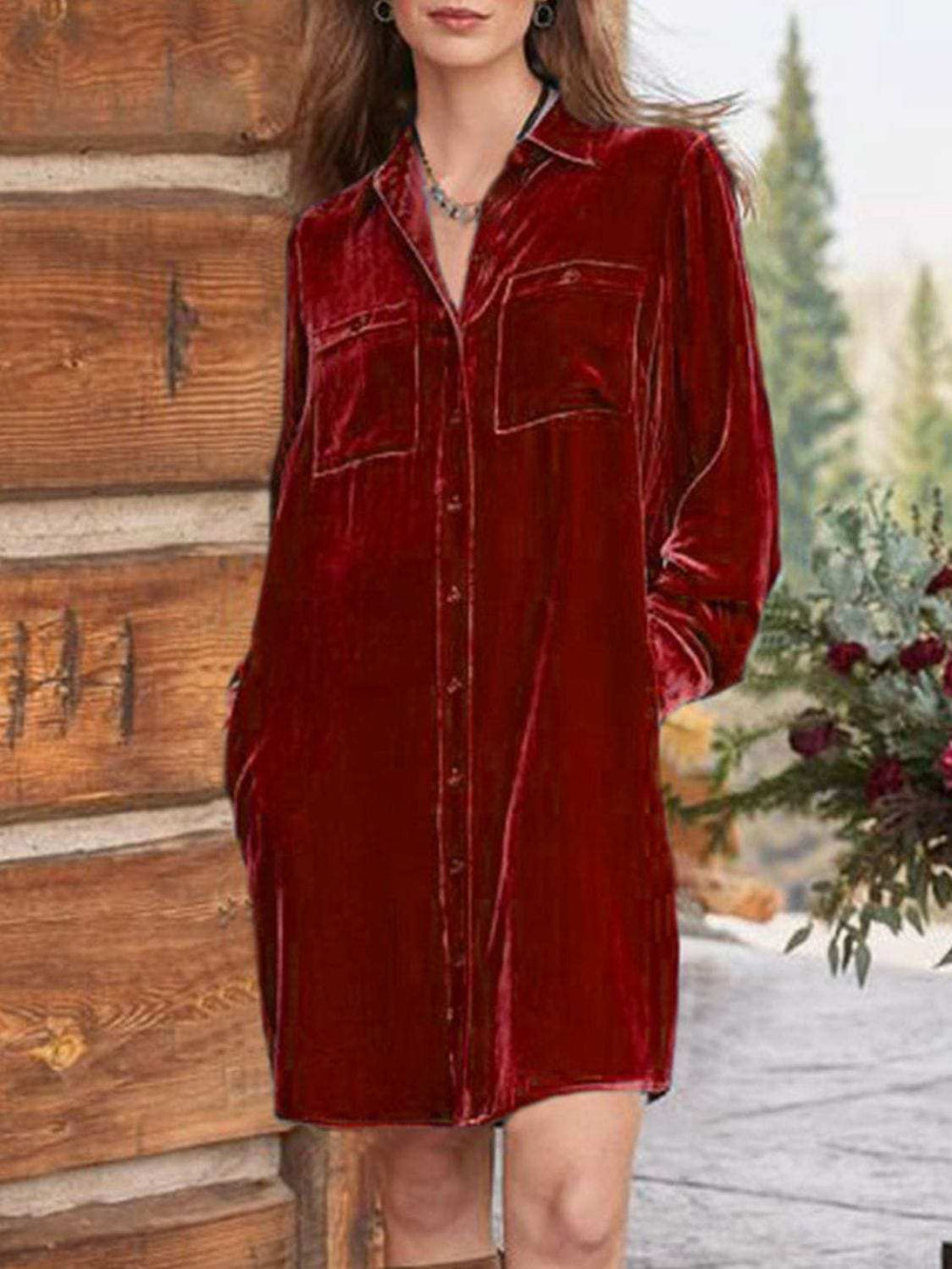 High-Low Button Up Long Sleeve Knee Length Dress - Trendsi - Flyclothing LLC